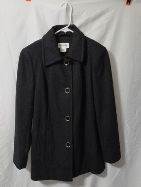 Charcoal Black Wool-Blend Pea Coat with Gold Trim Buttons, Size Small, Like New